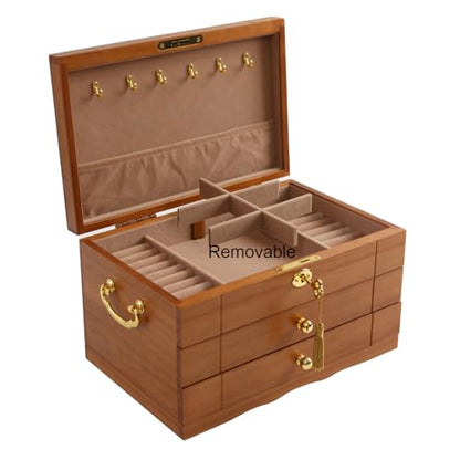 FEECOZ Wooden Jewelry Box Organizer with 2 Drawers, Lock and Key, Multiple Compartments for Rings, Necklaces, Bracelets, Jewelry Boxes for Women