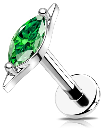 OUFER G23 Titanium Threadless Flat Back Stud, Marquise CZ Cartilage Earring, 18G Minimalist Helix Tragus Flat Piercing Jewelry for Sensitive Ears, 6mm Post - color: Silver-Green