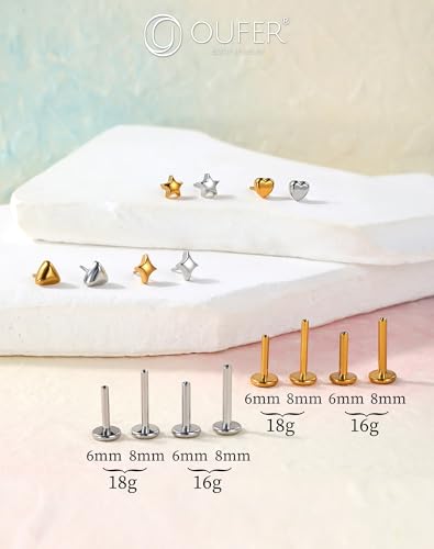 OUFER G23 Titanium Threadless Labret Studs – Flat Back Push Pin Earrings for Tragus, Helix, Monroe, Conch, Lip Piercing – 16G/18G, 6MM/8MM - color: Silver-Heart, size: 18g 6mm