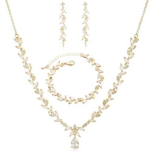 Cubic Zirconia Jewelry Sets for women Brides Bridesmaid Necklace Dangle Earrings Link Bracelet for Wedding Prom Costume Party Events - color: White-Gold Plated