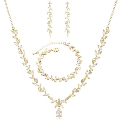 Cubic Zirconia Jewelry Sets for women Brides Bridesmaid Necklace Dangle Earrings Link Bracelet for Wedding Prom Costume Party Events - color: White-Gold Plated