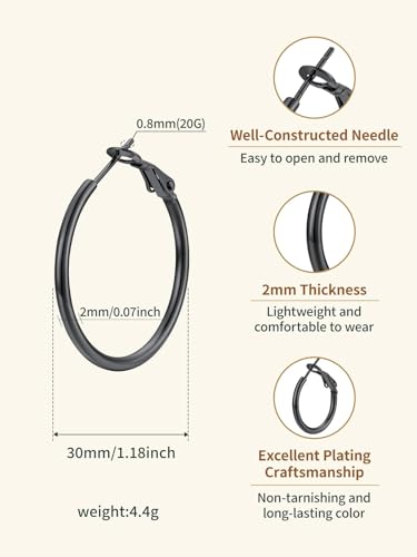FindChic Thin Hoop Earrings for Women,Silver/Black/Gold Plated 20-100mm - color: Black, size: 30mm