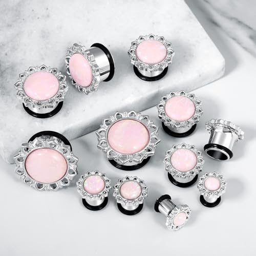 Ear Tunnels Gauges, 2PCS Stainless Steel Tunnel Set Single Flared Pink Solid Opal Flower Ear Gauges 00G Ear Piercing Jewelry - size: 9/16 inch(14mm)