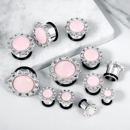 Ear Tunnels Gauges, 2PCS Stainless Steel Tunnel Set Single Flared Pink Solid Opal Flower Ear Gauges 00G Ear Piercing Jewelry - size: 9/16 inch(14mm)
