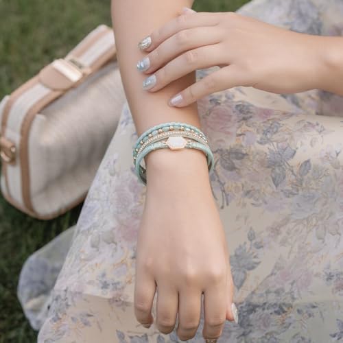 FANCY SHINY Crystal Beaded Leather Wrap Bracelet Stackable Boho Jewelry for Women Resin Stone Bangle Cuff with Magnetic Clasp - color: Green