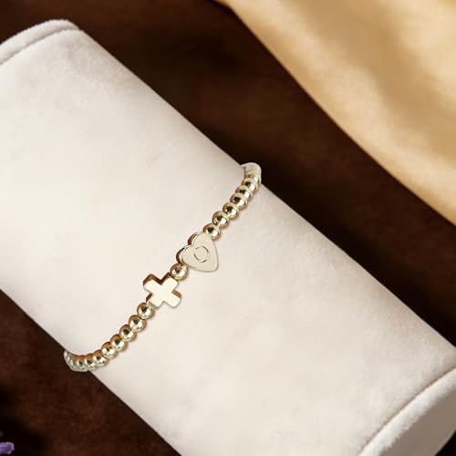 Mikovivi Women's Cross Bracelet with Initial Beads, Elastic Heart Alphabet Charm Stackable Beaded Bracelet Religious Christian Jewelry Gift - style: Letter O