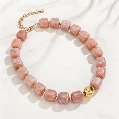 Colorful Statement Chunky Beaded Necklace for Women Large Square Resin Beads Y2K Trendy Bold Summer Vacation Boho Choker Jewelry - color: Pink