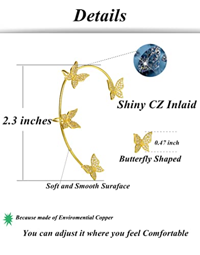 Tornito 4Pcs Butterfly Long Tassel Ear Cuff Dangle Chain Earrings Wrap Crawler CZ Ear Clip Wrap Around Fake Earrings for Women Silver Gold Tone Right Ear - color: B:Gold Tone(Right Ear)