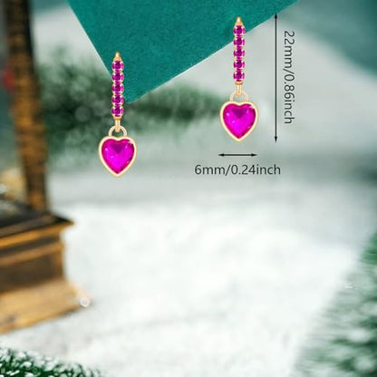 Sparkly Crystal Love Heart Dangle Drop Earrings Dainty Rhinestone Tiny Heart Huggie Hoop Earrings For Women - color: Rose Red