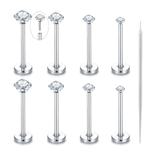 Oveta Threadless Push in Lip Rings 16G/18G/20G Labret Jewelry CZ Lip Studs Stainless Steel Cartilage Earrings for Women Monroe Medusa Piercing Jewelry 6/7/8/10/12mm Bar Length - color: Silver, size: 20G*10mm bar*1.5/2/2.5/3mm cz