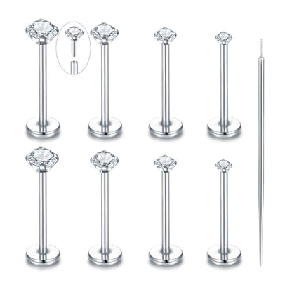 Oveta Threadless Push in Lip Rings 16G/18G/20G Labret Jewelry CZ Lip Studs Stainless Steel Cartilage Earrings for Women Monroe Medusa Piercing Jewelry 6/7/8/10/12mm Bar Length - color: Silver, size: 20G*10mm bar*1.5/2/2.5/3mm cz
