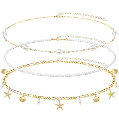 NEWITIN 4 Pieces Waist Chain for Women Gold Plated Adjustable Belly Chain Dainty Layered Summer Beach Body Chains Sexy Bikini Body Chains Jewelry Accessories for Women - color: 3 Pieces Gold Starfish