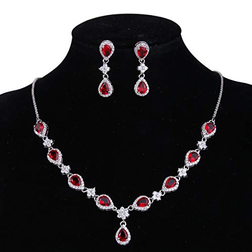 EleQueen Women's Silver-Tone Cubic Zirconia Teardrop Flower Bridal V-Necklace Sets Tennis Bracelet Dangle Earrings for Wedding Bridesmaids - color: Ruby Color