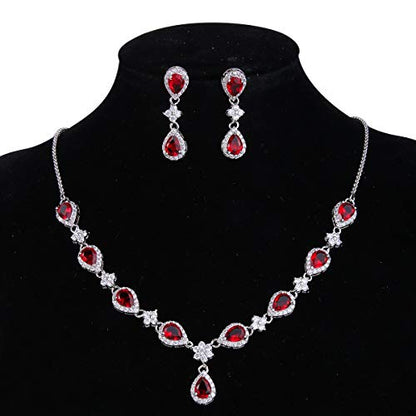 EleQueen Women's Silver-Tone Cubic Zirconia Teardrop Flower Bridal V-Necklace Sets Tennis Bracelet Dangle Earrings for Wedding Bridesmaids - color: Ruby Color