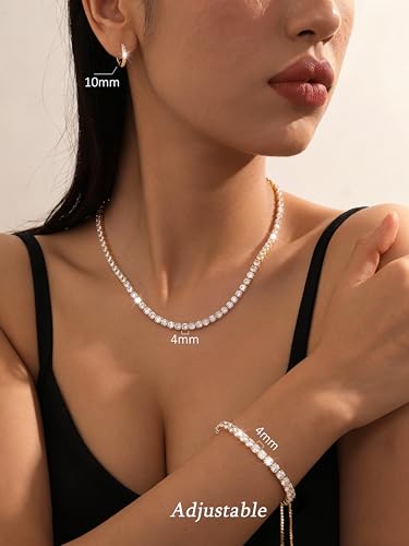 Jstyle 925 Sterling Silver Jewelry Set for Women - Dainty Tennis Necklace Bracelet Earrings Set Hypoallergenic Rhinestone Wedding Jewelry Sets for Brides Bridesmaids Crystal Prom Costume Accessories - color: Style B: 14K Gold Plated