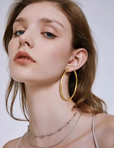 4 Pairs Clip on Hoop Earrings for Women CZ Twist Fake Hoop Earring Sets Spring Hoops for Non Pierced Ears Gold Tone 30/40/50/60/70mm - size: 60/70mm