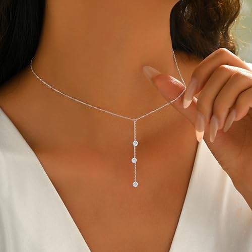 925 Sterling Silver Lariat Necklace for Women | Cubic Zirconia Long Necklace 14k Gold Plated Trendy Y Shape Drop Pendant Necklace for Mother Daughter Birthday Jewelry Gifts - color: Silver