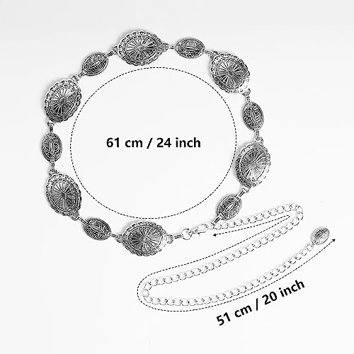 Jmkcoz Women Western Concho Chain Belt Silver Metal Oval Waist Chain Belt for Dresses Jeans Country Cowgirl - color: Silver