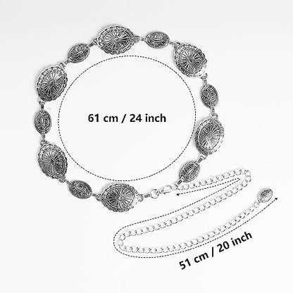 Jmkcoz Women Western Concho Chain Belt Silver Metal Oval Waist Chain Belt for Dresses Jeans Country Cowgirl - color: Silver