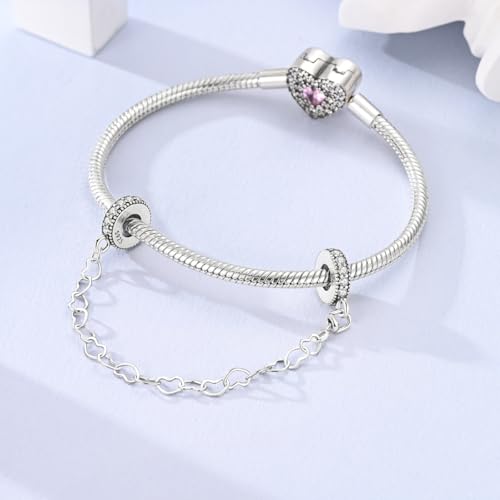 Hapour 925 Sterling Silver Safety Chain Charm for Bracelet Pendant Beads | Dragonfly Dangle Charm, Seashell Starfish Heart Clip Stopper Spacer Beads Jewelry - color: Heart to Heart