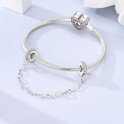 Hapour 925 Sterling Silver Safety Chain Charm for Bracelet Pendant Beads | Dragonfly Dangle Charm, Seashell Starfish Heart Clip Stopper Spacer Beads Jewelry - color: Heart to Heart