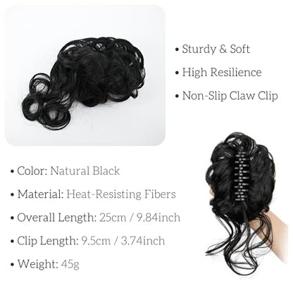 Black Messy Bun Hair Clips with Hair Attached Curly Ponytail Extension Easy Updo Hair Piece for Ladies - color: Natural Black