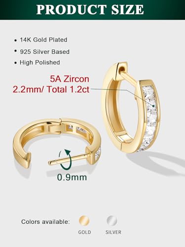 Chunky Emerald Sapphire Ruby Hoop Earrings, Princess or Round Cut, 14k Yellow Gold Plated Sterling Silver Cubic Zirconia Huggie Earings Minimalist Hoops Earrings for Women Wedding Daily Birthday - style: Princess cut -5a CZ -Gold