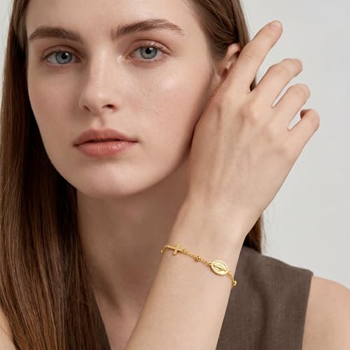 Gold Bracelets for Women 14K Gold Bracelets for Women Beaded Bracelet for Womens Polished Beads Delicate Cross and Petite Virgin Mary Charm Gold Cross Bracelet for Womens