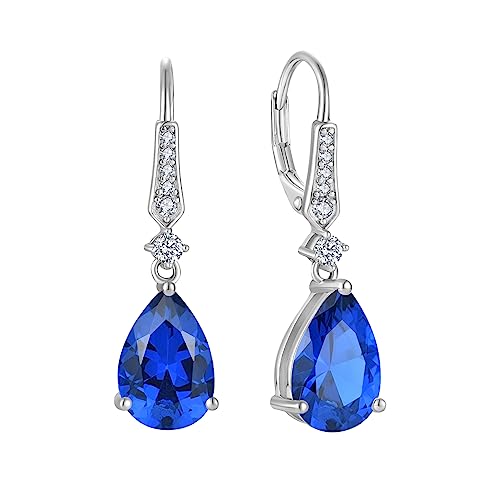 Women 925 Sterling Silver Birthstone Teardrop Leverback Drop Dangle Earrings 8 * 12mm 5A Cubic Zirconia Jewelry for Her - color: September,Sapphire Color