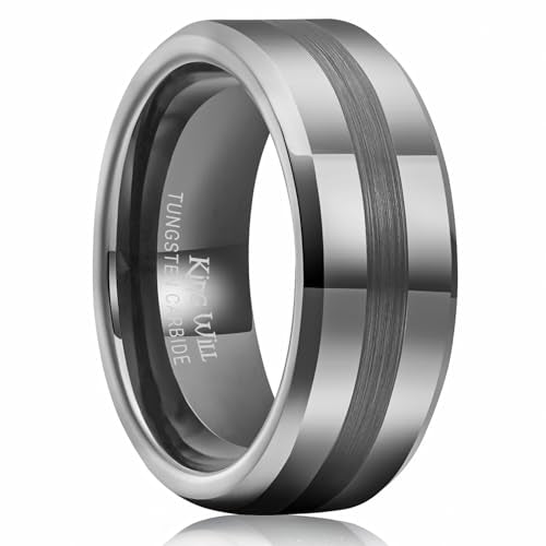 King Will Classic Tungsten Carbide Ring Brushed Two Grooved Center Hammered Design Mens Wedding Band for Men | Black/Silver/Gold, 8mm, Men's Wedding Band, Grooved, Comfort Fit, Everyday Wear - color: A-Gunmetal Gray 8mm