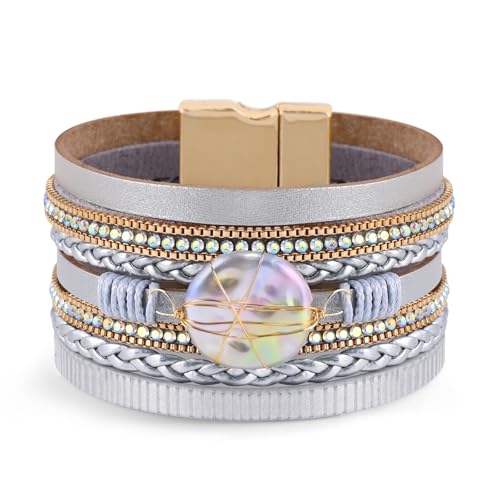Wrapped Bracelets for Women,Leather Boho Bracelets for Women - color: Shell-Silver