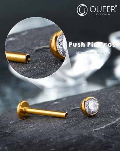 OUFER 2Pcs 20G/18G/16G G23 Titanium Threadless Nose Stud Earrings Flat Back Tiny CZ Small Nose Helix Cartilage Tragus Conch Labret Medusa Monroe Piercing Jewelry for Women Men - color: Gold, size: 1pcs, 16g 10mm, 4mm cz