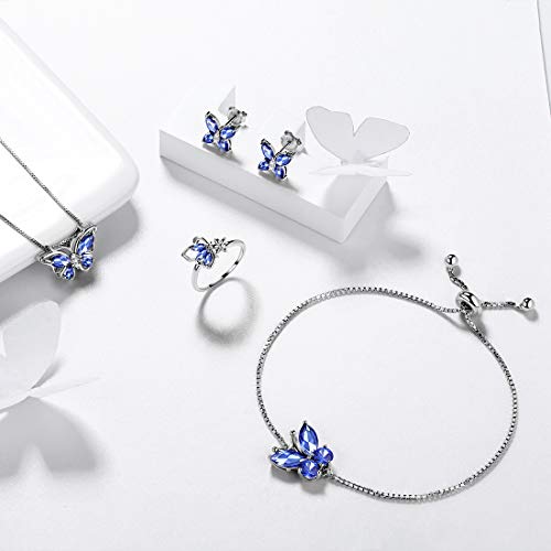 Aurora Tears Butterfly Jewelry,Women 925 Sterling Silver Butterflies Birthstone Pendant Necklace/Earrings/Rings Wedding Gift - color: I.September-set 3