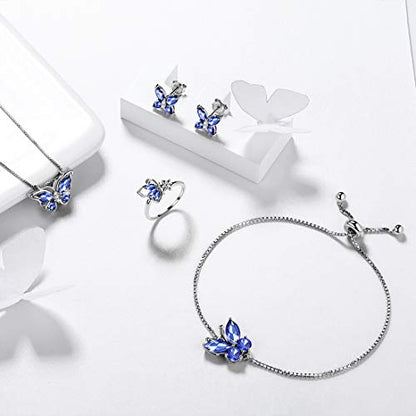 Aurora Tears Butterfly Jewelry,Women 925 Sterling Silver Butterflies Birthstone Pendant Necklace/Earrings/Rings Wedding Gift - color: I.September-set 3