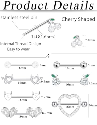 8 Pairs Nipple Rings 14G Stainless Steel Heart Cherry Apple Devil CZ Acrylic Ball Stud Barbell Tongue Rings Set Cute Nipplerings Piercing Jewelry for Women Red Silver Tone - color: Silver