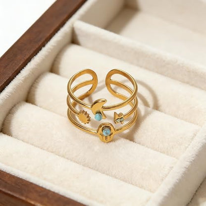 Todenb Turquoise Ring for Women，Gold Western Turquoise Open Ring Boho Stainless Steel Moon and Star Band Wrap Knuckle Rings Western Country Fashion Jewelry Accessories - color: moon