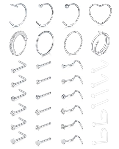 20G Nose Rings Hoops Studs, Stainless Steel Round CZ L Shaped Nose Screw Straight Studs, Hypoallergenic Diamond Double Nose Hoops, Clear Nose Rings For Women Men Nostril Piercing Jewelry - color: Silver