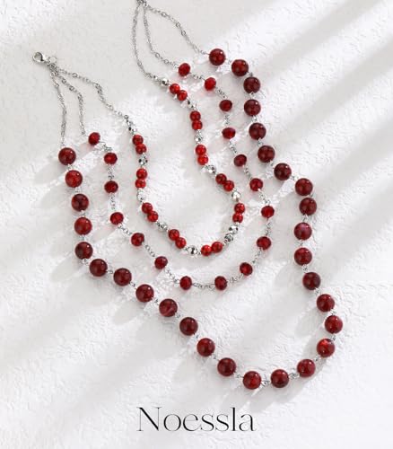 Noessla Layered Beaded Necklaces for Women - 3 Strand Boho Statement Choker Fashion Jewelry Gifts - color: Red