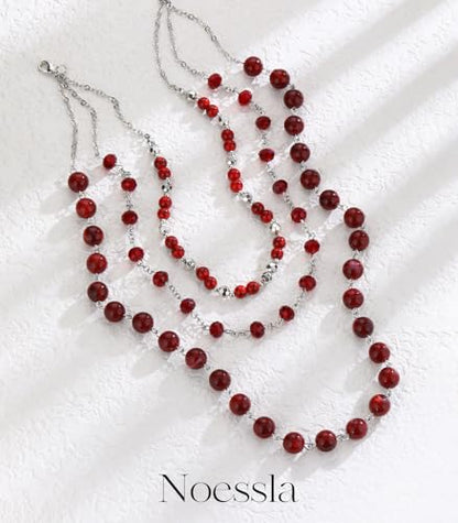 Noessla Layered Beaded Necklaces for Women - 3 Strand Boho Statement Choker Fashion Jewelry Gifts - color: Red