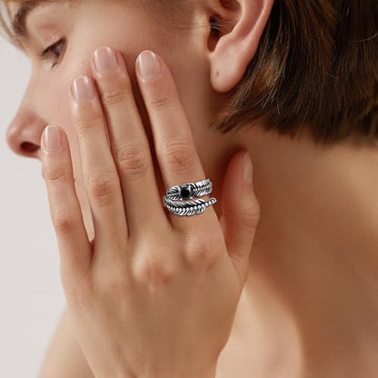 AVECON S925 Sterling Silver Turquoise/Labradorite/Just Breathe/Onyx Rings | Hypoallergenic Adjustable Open Feather Gift Women Men Thumb Spoon Statement Western Band Jewelry for Anniversary - color: Custom-Black Onyx