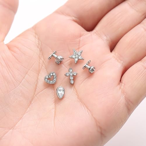 Dermal Anchor Tops and Base 14G Stainless Steel Microdermals Body Piercing Studs Punk Heart Star CZ Teardrop Tops Internally Threaded Surface Skin Piercing Jewelry for Women Men Gold Silver Color