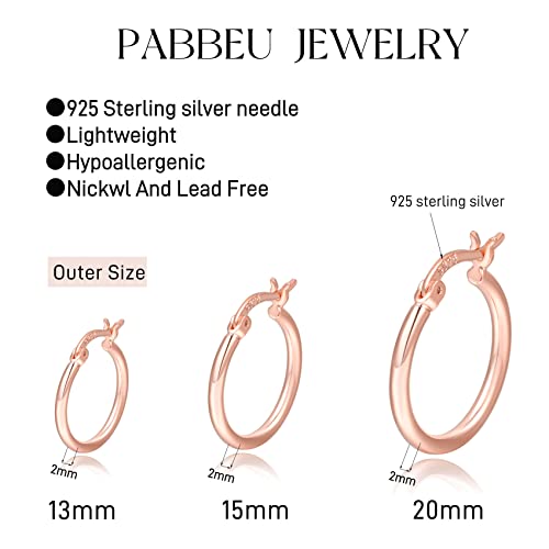 PABBEU 925 Sterling Silver Small Hoop Earrings Set for Women Hypoallergenic | 3Pairs Cubic Zirconia Small Huggie Hoop Earrings Set 13/15/20mm,Nickel-Free Lightweight Comfortable Sleeper Earrings Gift Set - color: 13/15/20mm T Rose Gold
