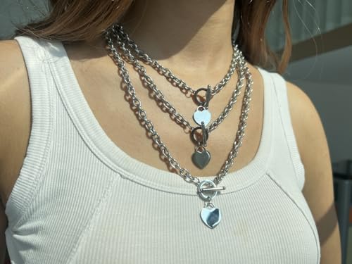 WangGao Elegent Love Stainless Steel Link Chain Blank Heart Charms Necklace for Women Toggle Clasp Closure - color: Silver, size: 17.72inches
