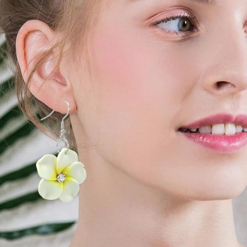 Floral Dangle Earrings for Women Hawaiian Tropical Plumeria Rubra Flower Drop Earrings with Cubic Zirconia Luau Beach Party Vacation Hawaiian Accessories Jewelry Gift - color: White