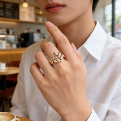 1 Pcs Gold Plated Crystal Leaf Rings,Adjustable Rings for Women,Leaf Ring,Adjustable Gold Tone Ring,Open Rings for Women,Best Friend Valentine's Day Gift for Girlfriend Wife(Gold)