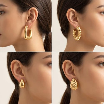 12 Pairs Chunky Gold Hoop Earrings Set for Women | Thick tube hoops, teardrop shapes, ribbed and twisted textures, hammered finish, lightweight trendy everyday jewelry set