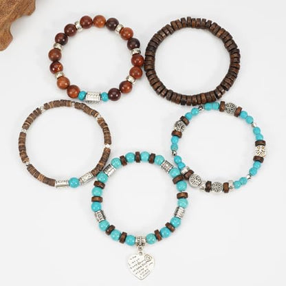 Boho Wooden Beads Bracelets Bohemian Bracelet Stack for Men Women Wood Beaded Bracelet Set - color: C