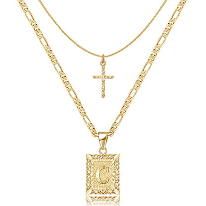 KELORIS PATH Gold Layered Initial Cross Necklace, 14K Gold Plated Layering Square Letter Pendant Figaro Chain Cross Choker from A-Z Capital Jewelry for Women Girls | 14K Gold Plated Square/Hexagon Letter Pendant with Figaro Chain, Stackable Jewelry Gifts,