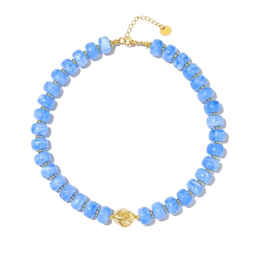 Boho Colorful Chunky Beaded Necklace for Women Trendy Resin Statement Choker Necklaces Summer Beach Style Womens Vacation Fashion Jewelry Gifts Accessories - color: Blue-3