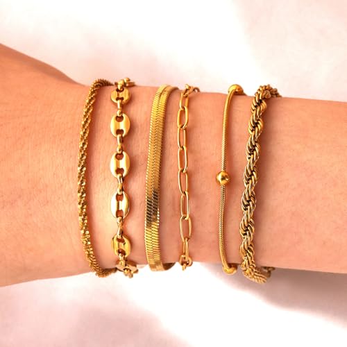 18K Gold Plated Necklace Bracelet Set Womens Stackable Adjustable Stainless Steel Minimalist Modern Everyday Jewelry Gift Gold and Silver - style: 9 Pcs Glod Jewelry Set